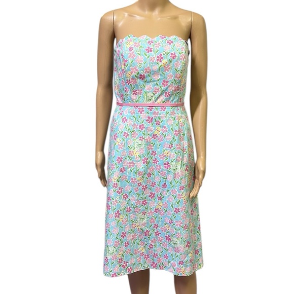 Lilly Pulitzer Strapless Wave Blue Floral Butterfly Tiger Scalloped Trim Dress 6 - Picture 3 of 13